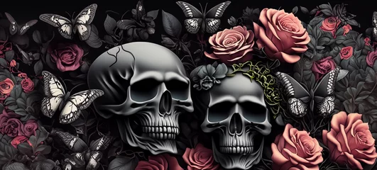Rideaux velours Papillons en grunge Floral Roses with Skull Heads and Butterflies Wallpaper Background