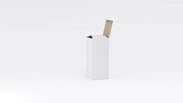 Realistic white box opens to reveal a transparent brown bottle for pharmacy or cosmetic products. 3d animation on white background