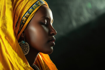 Profound Contemplation: African Woman in Traditional Yellow Headscarf