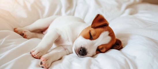 Jack russel dog sleeping on a white bed and blanket