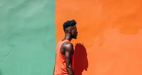 Trendy Black Man in Beach Shorts by Vibrant City Wall
