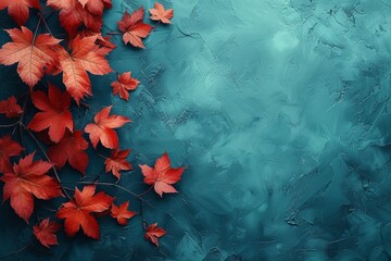 Fototapeta na wymiar Autumn leaves, blue wall background