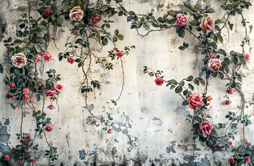 Old vintage exterior wall with curly rose plants.