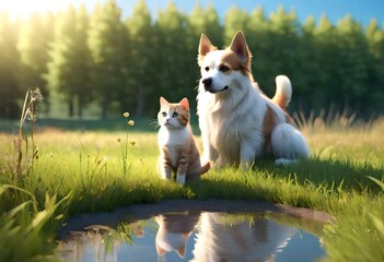 dog and cat on the meadow in nature. Ai generated