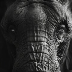 A close-up of a wise and elderly elephant, emphasizing the wrinkles and textures of its skin, symbolizing strength and wisdom. 