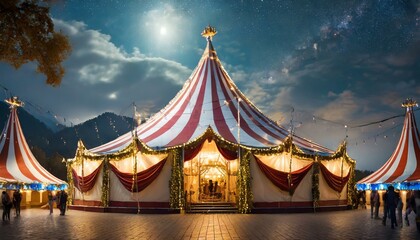 Circus tent with illuminations lights at night. Cirque facade. Festive attraction - obrazy, fototapety, plakaty