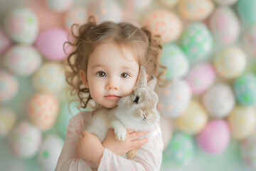 Fototapeta na wymiar cute little girl holds and hugs fluffy rabbit in arms on Easter decor background. Easter bunny