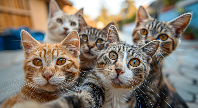 A group of cats taking selfies.