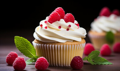 Cupcake with raspberries and mint on a wooden background