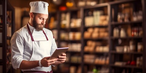 Organized Chef Utilizes Tablet to Efficiently Manage Kitchen Inventory and Streamline Grocery Orders. Concept Chef Tablet Inventory Management, Grocery Order Streamlining, Kitchen Organization