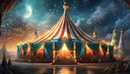 Circus tent with illuminations lights at night. Cirque facade. Festive attraction for the festival and carnival
 - obrazy, fototapety, plakaty