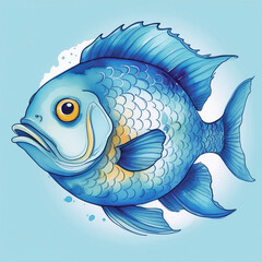 Portrait of blue fish  on blue watercolor background.