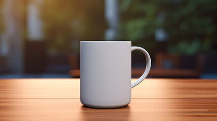Obraz premium Simple white coffee mug centered on a wooden table, bathed in warm morning sunlight with a blurred background. 