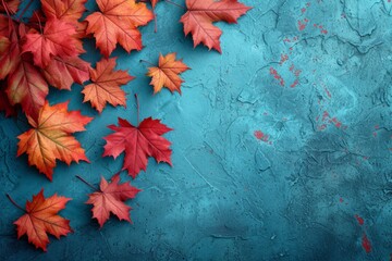 Autumn leaves, blue wall background