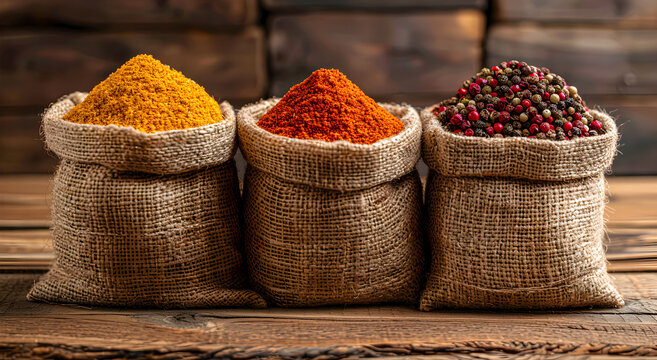 Set of spices in jute bags on wooden background.