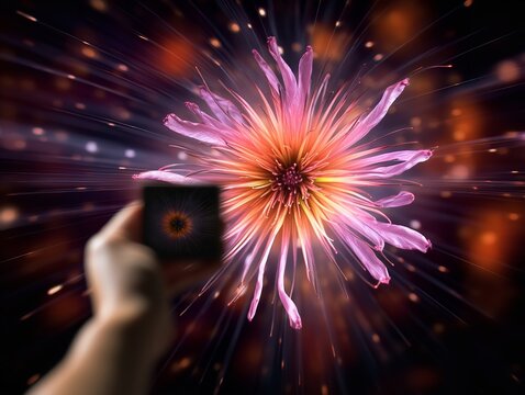 A mesmerizing display of love, captured in a single moment as two hands clasp a precious box amidst a backdrop of vibrant fireworks and delicate flowers