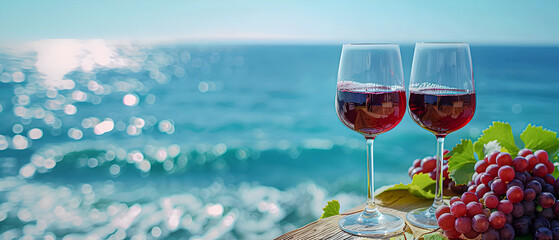 Two glasses of wine with the sea bay in the background.