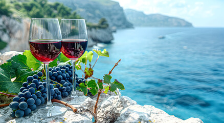 Two glasses of wine with the sea bay in the background. - obrazy, fototapety, plakaty