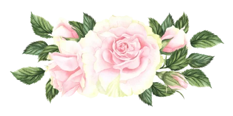 Foto op Plexiglas Pastel watercolor pink and white roses, buds and leaves . Hand drawn illustration branch of flowers isolated on white background. Cute composition for wedding or bouquet for greeting card. © Elena