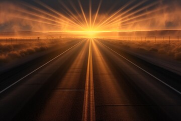 Fototapeta na wymiar A straight highway in a desert setting, heading towards a sunrise with rays of light piercing through a thin veil of morning mist. 