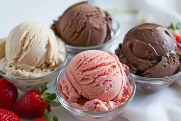 Assorted ice cream in glass bowls with berries, variety