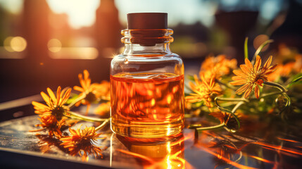 A transparent glass bottle of perfume set against a natural background adorned with flowers,...