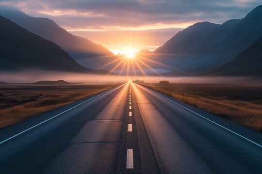 A straight highway leading towards a breathtaking sunrise peering over majestic mountains, with early morning mist hovering above the road. The lighting is serene, capturing the sunrise's warm glow.