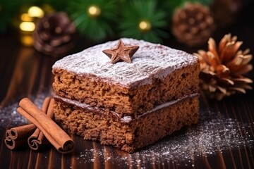 Fototapeta na wymiar Traditional Polish Desert Piernik, Gingerbread, Layer Biscuit, Pryanik or Sponge Cake with Spices on Black