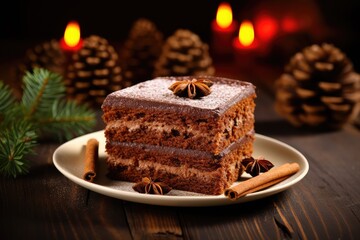 Fototapeta na wymiar Traditional Polish Desert Piernik, Gingerbread, Layer Biscuit, Pryanik or Sponge Cake with Spices on Black