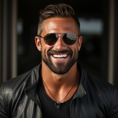 Fototapeta premium A bearded man in sunglasses and a black leather jacket stands confidently in front of a dark background. He has a charming smile and a friendly, approachable expression. Square format.