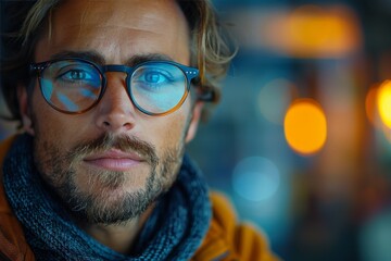 A bearded man with glasses and a scarf stands on a bustling street, his piercing gaze and stylish accessories reflecting his attention to detail and love for fashion and vision care