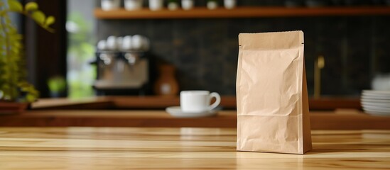 Fototapeta na wymiar Kraft paper bag and cup of coffee placed on wooden table in coffee shop