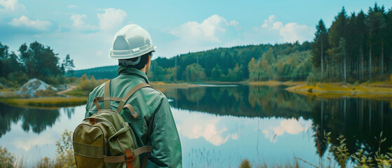 an ecologist in a white helmet and green uniform stands against the backdrop of a lake and forest - obrazy, fototapety, plakaty
