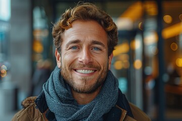 A bearded man with a warm smile stands in front of a building, his scarf adding a touch of style to his portrait as he radiates happiness and contentment