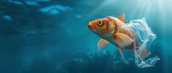 Fish with a plastic bag. Ocean pollution concept