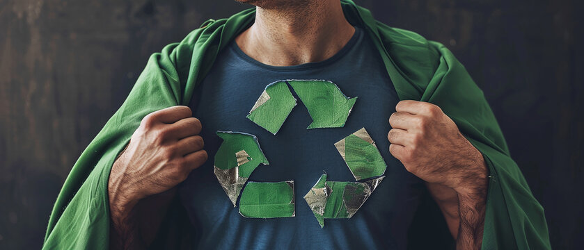 a man in a superhero costume with a recycling sign on his chest and a cape behind his back