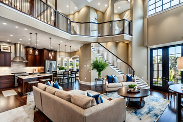 Fototapeta na wymiar Breathtaking Luxury Home Interior Panorama - Open Living & Dining Spaces 