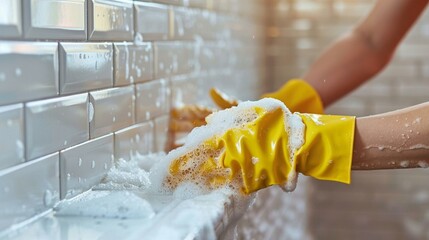 Hands scrubbing grout between tiles in a bathroom or kitchen, house cleaning