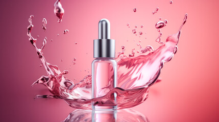Transparent bottle with pipette set on a pink background with water splashes, presenting a refreshing and vibrant aesthetic for beauty products.
