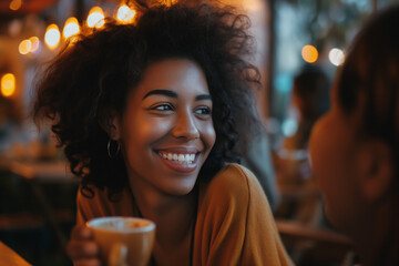 Close-up of friends talking and laughing over coffee at a cozy cafe, warm ambient light, capturing the essence of friendship and conversation - obrazy, fototapety, plakaty