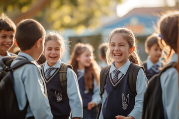 Group of school children in uniform, laughing and walking together on a sunny schoolyard, friendship and joy, backpacks slung over shoulders