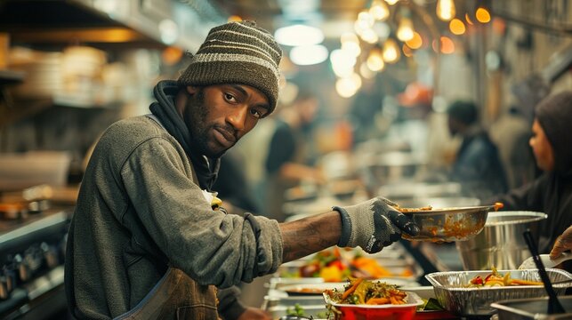 Picture of a community kitchen providing meals to homeless individuals, highlighting the intersection of poverty, homelessness, and food insecurity in urban areas, Hunger and Malnu