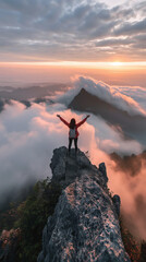 Excited traveler with open arms at the top of a mountain, breathtaking view at sunrise, embodying achievement and awe