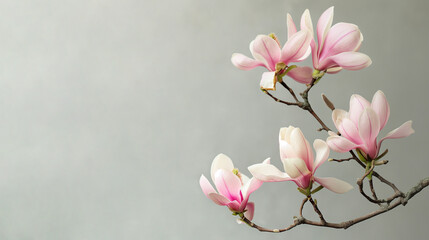 Naklejka na ściany i meble A branch of a magnolia tree with pink flowers on a light gray background. Space for text, Generative AI