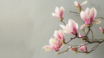 A branch of a magnolia tree with pink flowers on a light gray background. Space for text, Generative AI