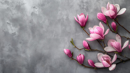 A branch of a magnolia tree with pink flowers on a gray background. Space for text, Generative AI