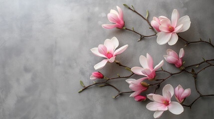Naklejka na ściany i meble A branch of a magnolia tree with pink flowers on a gray background. Space for text, Generative AI