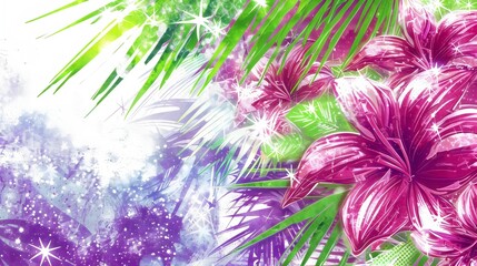 Tropical Lily Flowers and Palm Leaves on Abstract Background