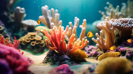 Fototapeta na wymiar An enchanting ocean coral reef scene underwater, showcasing the mesmerizing beauty and diversity of marine life in their natural habitat.