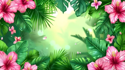  Tropical Hibiscus and Palm Leaves Background © FEROHORA